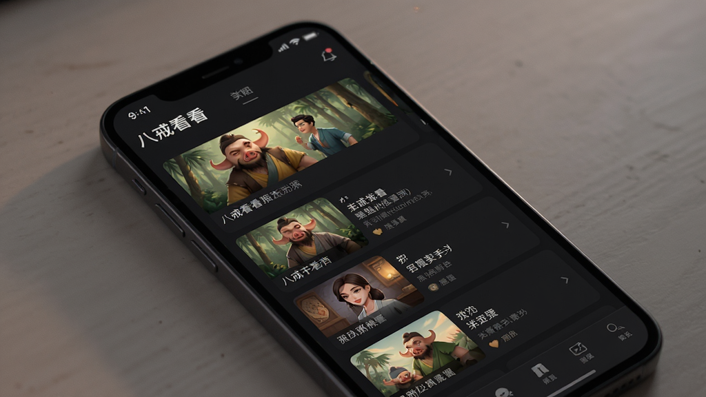 展示“八戒看看”App的暗色模式界面,主体为手机屏幕,屏幕内显示深色背景下的短剧列表,布局舒适,风格暗色护眼,细节包含柔和光线,画质清晰,干净无多余元素
