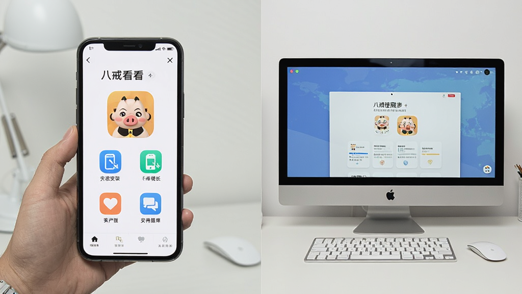 展示“八戒看看”App的安装与使用教程场景,主体为手机和电脑,布局对比,风格实用,细节包含安装步骤图标,画质清晰,干净无多余元素