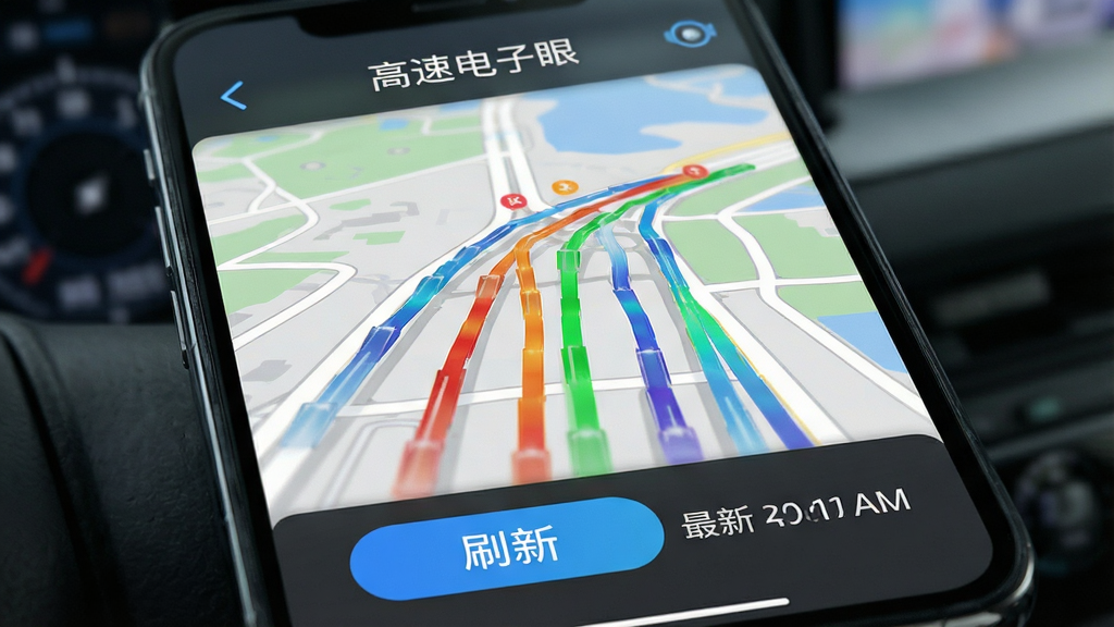 手机屏幕特写“高速电子眼”路况刷新界面,地图上不同颜色线条代表实时通行速度,底部有“刷新”按钮,旁边显示最新更新时间,整体风格明亮清晰,突出实时数据更新功能,画质细腻,无多余元素