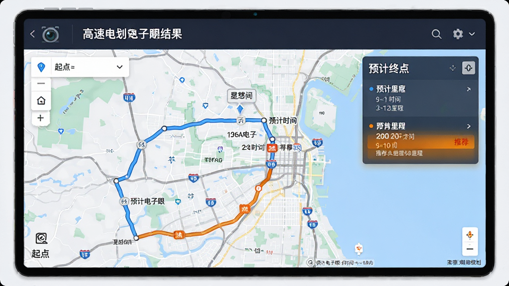 展示“高速电子眼”路线规划结果页面,起点到终点显示三条可选路线,分别标注预计时间与里程,推荐路线高亮显示并带有“推荐”标签,地图背景清晰,界面简洁商务风格,画质高清,细节丰富,干净无多余元素