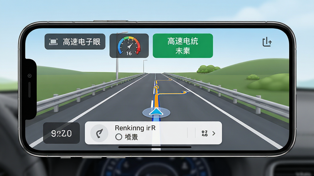 手机横屏显示“高速电子眼”导航界面,前方道路清晰,顶部有速度与车道提示,底部有路线信息卡片,整体风格简洁明快,画质高清,细节丰富,干净无多余元素
