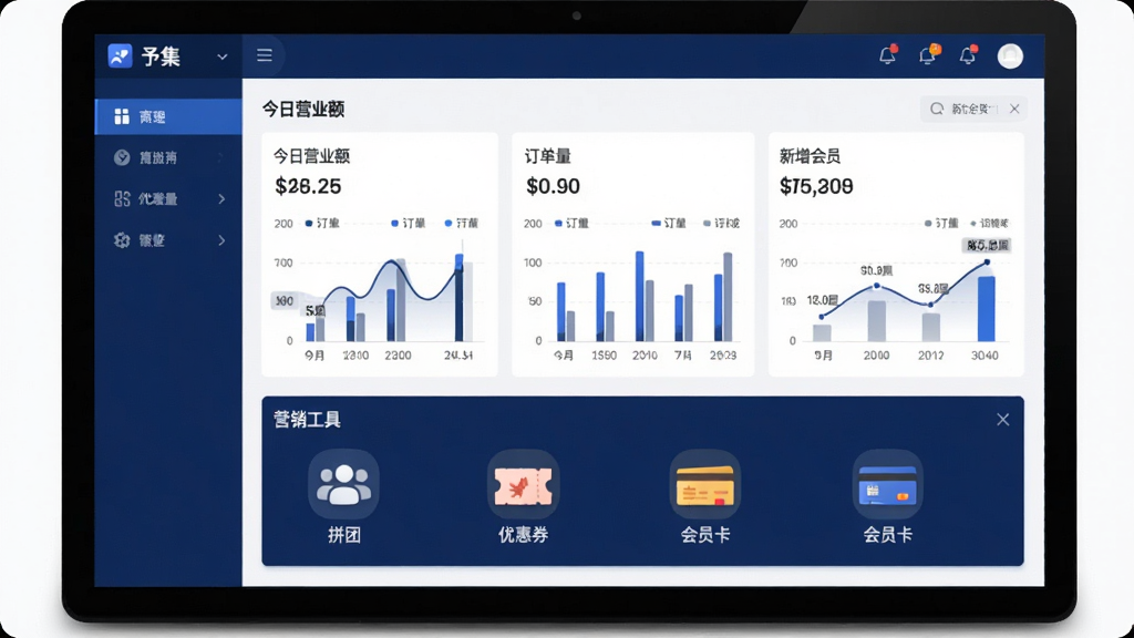 չʾ���輯��APP�̼Һ�̨���ݿ��壬��Ļ����ʾ����Ӫҵ���������������Ա������ͼ�����·�ΪӪ�������б���������ƴ�š������Ż�ȯ��������Ա������ͼ�꣬�����������࣬����ɫ���ɫ��ɫ��ͼ�����������ʸɾ����޶���Ԫ�ء�