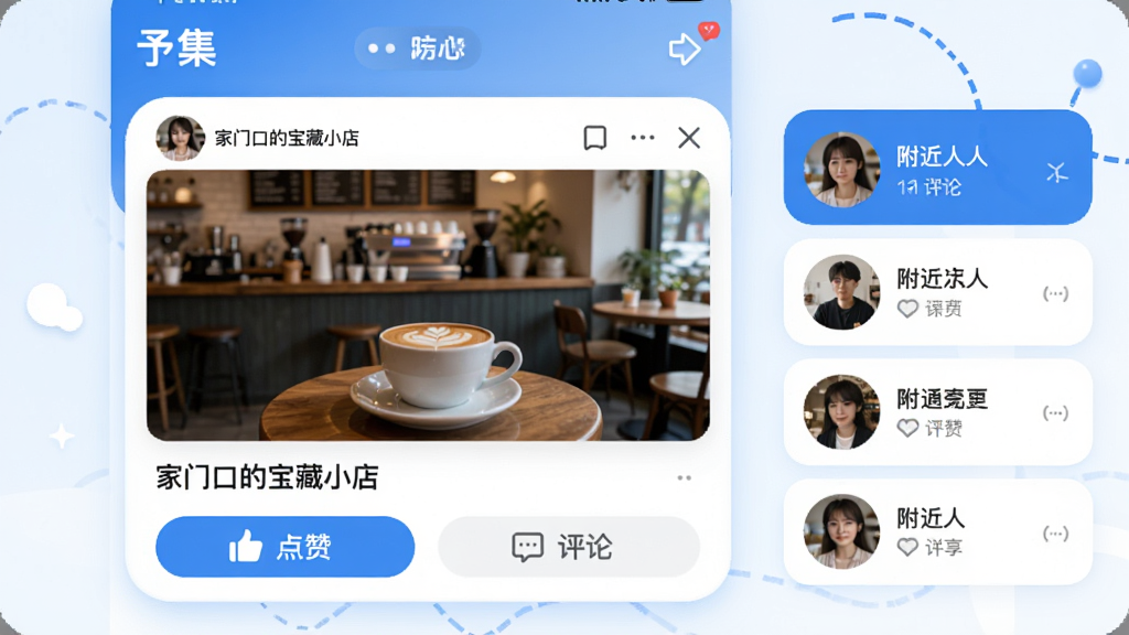 չʾ���輯��APP������̬ҳ�棬��������Ϊһ���û������Ŀ��ȹ�̽����Ƭ�����ġ����ſڵı���С�ꡱ���·��е��޺����۰�ť���Ҳ���ʾ���������б�����������ã�������ɫ���ɫ��ɫ����ƬԲ��ϸ�ھ��£������������ɾ��޶���Ԫ�ء�