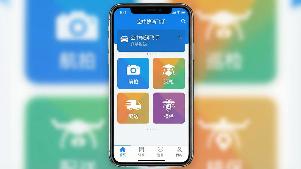 一张高清的智能手机界面截图,屏幕中央显示“空中快滴飞手”APP的主页,顶部是醒目的订单推送通知栏,中部以卡片形式清晰排列着“航拍”、“巡检”、“配送”、“植保”四个彩色分类图标,底部导航栏设有“首页”、“订单”、“消息”、“我的”四个按钮,整体UI设计现代简洁,蓝白配色为主,背景虚化处理,突出APP界面主体,画质干净,无多余元素