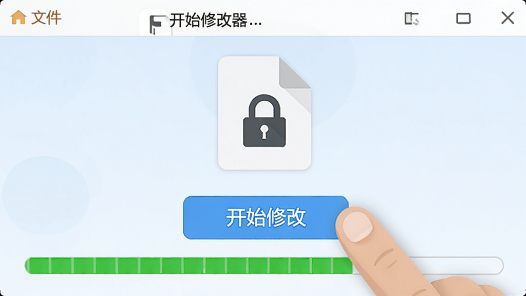 展示文件MD5修改器修改功能的操作流程,手指正点击屏幕上的“开始修改”按钮,界面下方有一个绿色进度条正在加载,文件图标上有一个锁形符号表示安全保护,整体风格扁平化设计,色彩明亮,画质清晰干净