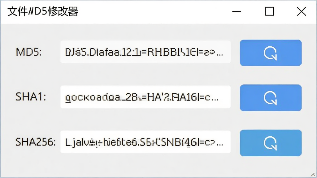 文件MD5修改器应用界面截图,屏幕上显示一个视频文件的详细信息,分别列出MD5、SHA1、SHA256三行数据,每一行数据后方都有一个醒目的复制按钮,背景为浅灰色,布局清晰,画质干净无多余元素
