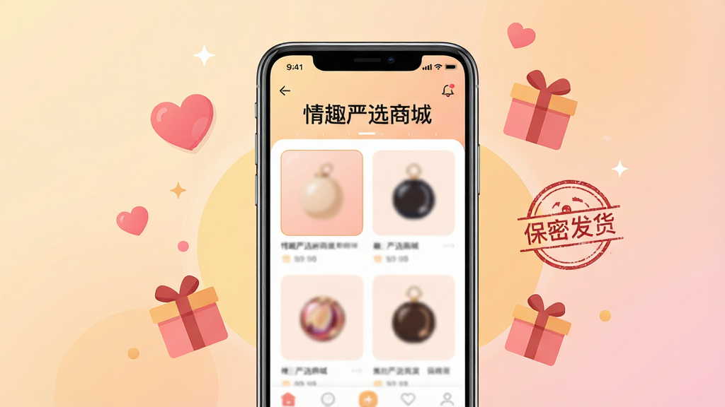 画面主体为一部亮着屏幕的智能手机,屏幕正中央显示“情趣严选商城”的APP界面,界面设计时尚简约,商品橱窗展示着模糊处理的精美商品图。手机周围悬浮着爱心、礼物盒和“保密发货”的印章图标。整体布局为手机居中,周围点缀元素环绕。排版采用居中构图,背景为柔和的渐变色。风格为现代扁平插画风,色彩明快温暖。细节上手机屏幕内需清晰呈现“情趣严选商城”字样,商品图片不可露骨。画质高清,干净,无多余元素。