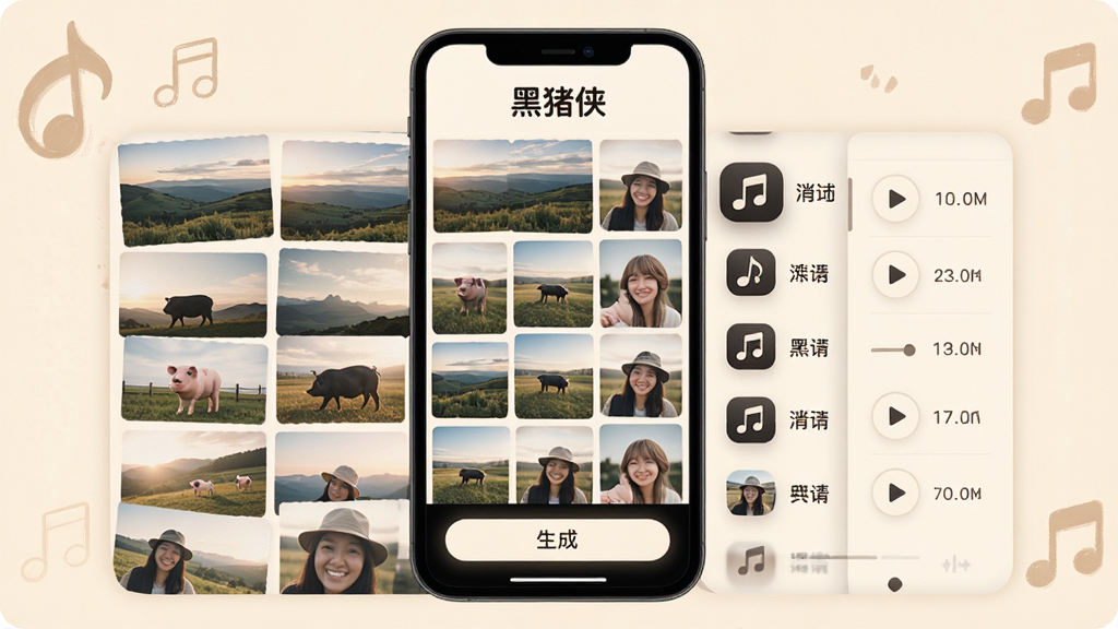 主体:黑猪侠音乐相册的生成过程,手机屏幕显示照片排列和音乐选择界面。布局:中心为照片网格,右侧为音乐曲目列表,底部有“生成”按钮。排版:照片缩略图整齐排列,音乐列表带有播放按钮和时长。风格:温馨、文艺、浅色背景。细节:屏幕中显示“黑猪侠”Logo,照片内容为风景和人物,音乐图标带有音符,整体画面柔和。画质:清晰,干净,无多余元素。