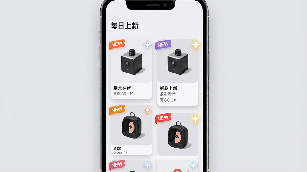 ���壺�Ǻг�л�App����Ʒ�ϼ�ҳ�棬չʾ������Ʒ��Ƭ�����֣��ֻ���Ļ���ٲ������֣���ƷͼƬ��С��һ����Χ�С�NEW����ǩ������Ч�����Ű棺��Ʒ��Ƭ�������£������С�ÿ�����¡����⣬����Ϊǳ��ɫ����񣺼�Լ�ִ����ɾ����䡣ϸ�ڣ���ƷͼƬ��������ǩ��Ŀ����Ӱ��͡����ʣ�4K���壬�ɾ����޶���Ԫ�ء�