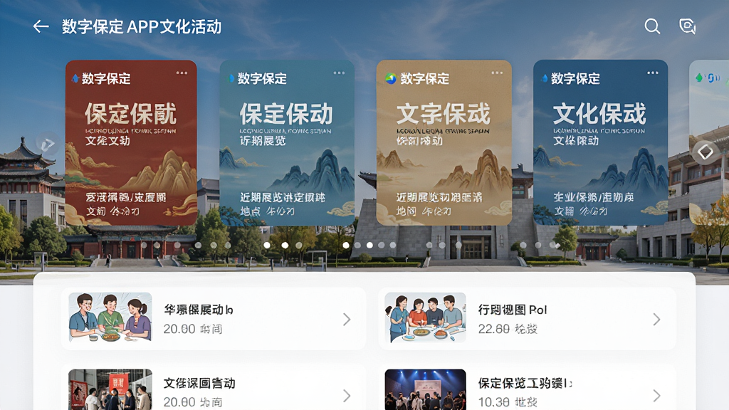 主体:数字保定APP文化活动页面,展示近期展览和讲座信息,背景为保定市文化场馆图片。布局:上方为活动海报轮播图,下方为活动列表。排版:图文结合,条理清晰。风格:现代简约,突出文化气息。细节:活动海报上标注“数字保定”字样,时间地点明确。画质:高清,干净,无多余元素。