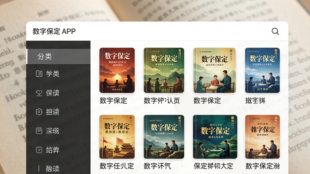 主体:数字保定APP的阅读界面,展示书架和书籍列表,背景为柔和的书页纹理。布局:界面左侧为分类导航,右侧为书籍封面缩略图。排版:书籍封面整齐排列,标题清晰。风格:简洁清新,突出阅读氛围。细节:界面顶部显示“数字保定”字样,书籍封面色彩丰富。画质:高清,干净,无多余元素。