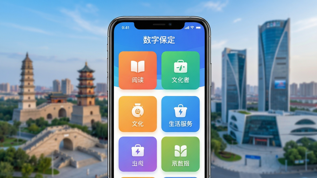 主体:数字保定APP界面展示,背景为保定城市地标与现代建筑融合,前景为手机屏幕显示软件主界面,包含阅读、文化、生活服务等模块图标。布局:手机居中,城市背景虚化,界面内容清晰可见。排版:界面图标排列整齐,色彩明亮。风格:科技感与现代简约结合,突出城市智慧生活。细节:屏幕内显示“数字保定”字样,图标精致。画质:高清,干净,无多余元素。