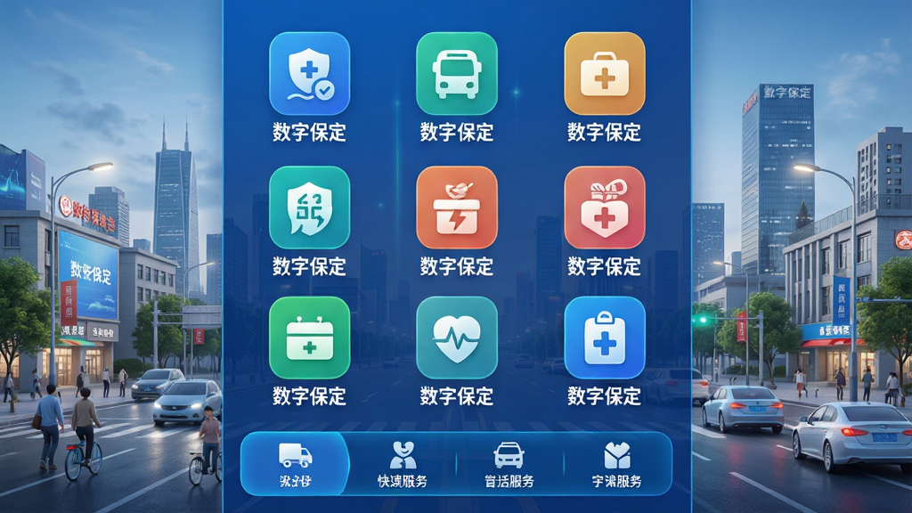 主体:数字保定APP生活服务界面,展示政务、交通、医疗等图标,背景为城市生活场景。布局:功能图标以九宫格形式排列,底部为快捷服务栏。排版:图标设计简洁,色彩明快。风格:科技感强,突出智能化。细节:图标下方标注“数字保定”字样,功能名称清晰。画质:高清,干净,无多余元素。