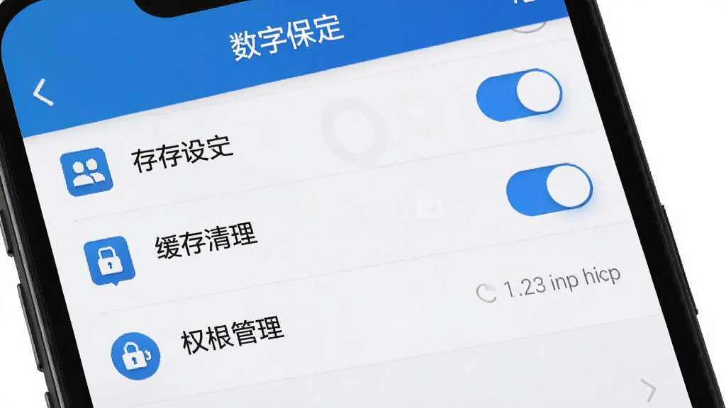 主体:数字保定APP设置界面,展示缓存清理和权限管理选项,背景为手机设置风格。布局:设置列表清晰,开关按钮明确。排版:条目式排列,文字清晰。风格:简洁实用。细节:屏幕上方显示“数字保定”字样,选项有图标。画质:高清,干净,无多余元素。