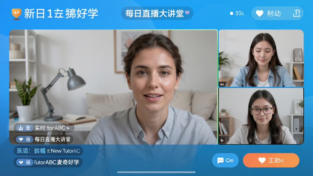 展示New TutorABC新麦奇好学App中“每日直播大讲堂”的直播画面,主体为外教老师正在与多位学员视频连线互动,屏幕下方有实时聊天文字和互动按钮,界面布局友好,色彩明亮,突出实时互动的教学氛围,画质清晰,干净无多余元素