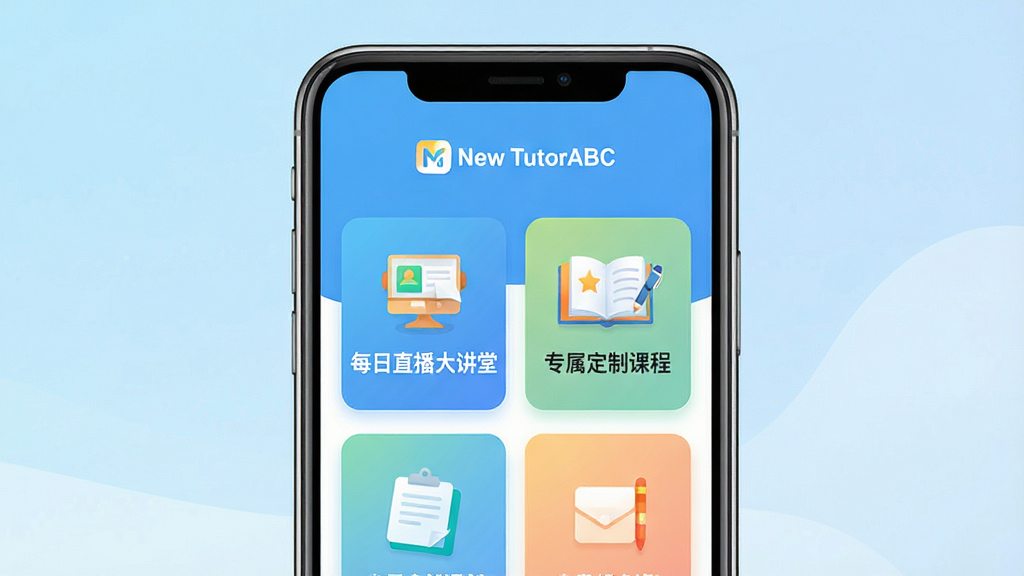 一张展示New TutorABC新麦奇好学App在智能手机上运行的界面预览图,主体为手机屏幕正中央显示应用首页,包含“每日直播大讲堂”和“专属定制课程”等模块图标,布局清晰,上方有“New TutorABC”品牌标识,整体风格现代简约,色彩明快,背景为浅蓝色渐变,突出学习氛围,画质高清,干净无多余元素