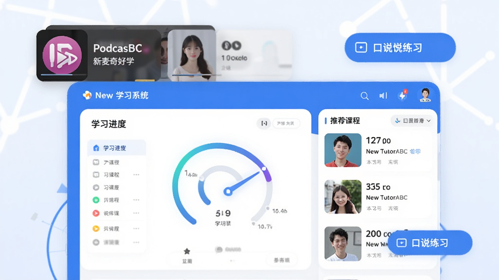 展示New TutorABC新麦奇好学App的“智能学习系统”界面,主体为学习进度仪表盘和推荐课程列表,背景有播放中的Podcast卡片和口说练习按钮,布局清晰,色彩以蓝色和白色为主,体现科技感,画质清晰,干净无多余元素