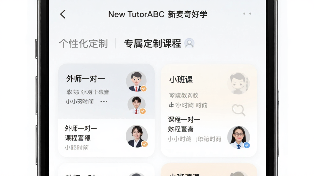 展示New TutorABC新麦奇好学App的“专属定制课程”页面,主体为课程列表,包含“外师一对一”和“小班课”选项,每个课程卡片上标注有课程名称、时间和外教头像,界面设计简洁,色调柔和,突出个性化定制功能,画质高清,干净无多余元素