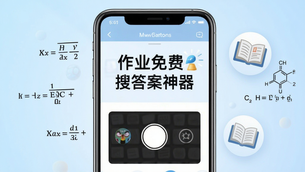 主视觉展示:画面中央是一部智能手机,屏幕显示“作业免费搜答案神器”的拍照搜题界面,旁边悬浮着数学公式、化学方程式和书本图标,背景为浅蓝色渐变,整体排版干净明亮,突出智能学习与高效解题主题,画质清晰,无多余元素