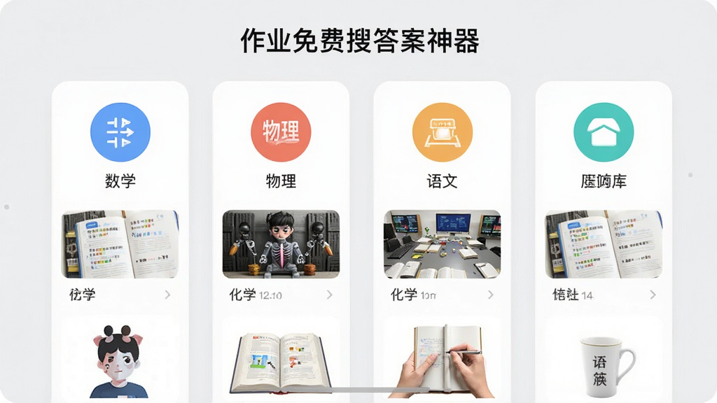 功能展示:屏幕中显示“作业免费搜答案神器”的题库分类界面,包含数学、物理、化学、语文等科目图标,每个图标下都有对应的题目缩略图,背景为浅灰色,界面布局整齐,风格简约清晰,画质干净