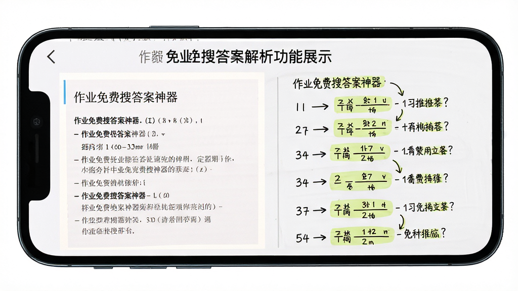 功能展示:手机屏幕显示“作业免费搜答案神器”的解析页面,左侧为题目原图,右侧为逐步推导的板书笔记,包含箭头、高亮公式和注释文字,背景为白色,排版清晰,细节丰富,画质干净