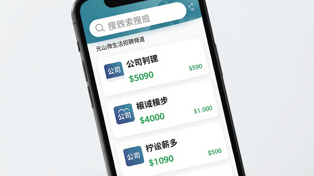 ���壺�ֻ���Ļչʾ��ɽ΢������ƸƵ��������Ϊ�������·�Ϊְλ�б���ÿ��ְλ��Ƭ��ʾ��˾���ƺ�н�ʡ����֣������б�ʽ���֡��Ű棺���������ְλ��ϢһĿ��Ȼ�����רҵ��Ƹƽ̨������ؿɿ���ϸ�ڣ�н������ɫ��ע����˾���ƼӴ֣�ҳ��ɾ������ʣ����壬�ɾ����޶���Ԫ�ء�