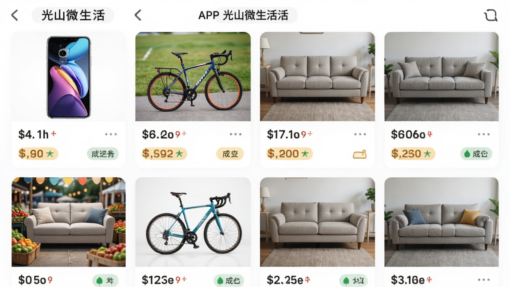 ���壺��ɽ΢����APP���ֽ���ҳ�棬չʾ���������Ʒ��Ƭ�����ֻ������г���ɳ���ȡ����֣��ֻ���Ļ���񲼾֣���ƷͼƬΪ�����Ű棺��Ƭʽ�����������ۡ���񣺼��з�Χ������������ϸ�ڣ�ÿ����Ʒ��ʾ�۸�ͳ�ɫ��ǩ��ͼƬ���������ʣ����壬�ɾ����޶���Ԫ�ء�