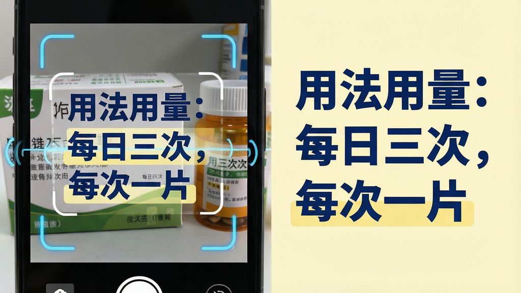 主体:手机摄像头对准药品说明书,屏幕中实时显示识别出的文字“用法用量:每日三次,每次一片”,文字以大字体呈现,背景为药盒和药瓶;布局:左侧为扫描画面,右侧为识别结果文本;排版:结果文字加粗放大,颜色为深蓝色,背景淡黄;风格:医疗健康风,干净专业;细节:有扫描动画边框,识别结果带高亮标记,药盒上有清晰标签;画质:高清,干净无多余元素。