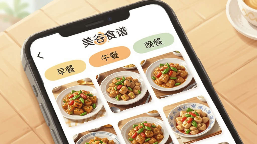 һ��չʾ�����ֻ���Ļ����ĸ������ֲ廭����Ļ����ʾ������ʳ�ס�APP�������棬����������͡���͡�����������Ŀ��ǩ���·�������ɫ�����ޡ����̾��µĸ���ҳ���Ʒ����ͼ������Ϊǳɫľ�ʲ�����������������ܰ�����ʸɾ����޶���Ԫ�ء�