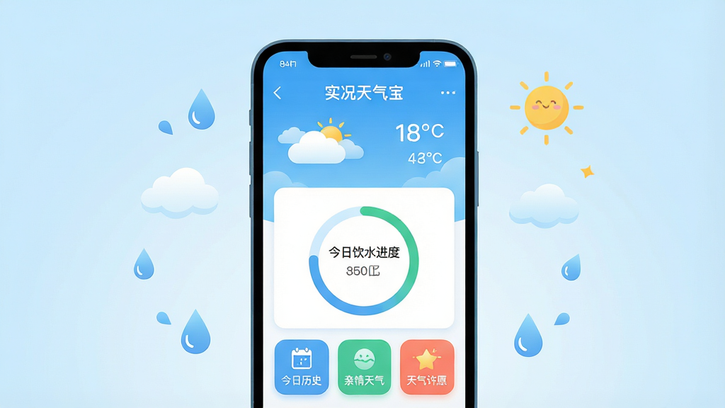 ��������Ϊһ�������������ֻ�����Ļ������ʾ��ʵ����������APP���棬���������¼�Լ��������������ƺ��¶�ʪ��ͼ�꣬�м��ǽ�����ˮ����Բ�����ײ����С�������ʷ����������������������Ը��������ɫ���ܰ�ť���ֻ���ΧƯ����ˮ�Ρ��ƶ䡢̫����СԪ�أ�����Ϊ��͵�ǳ��ɫ���䣬���岼��ƽ�⣬�Ű�ɾ�����ƽ���廭���ϸ�ڷḻ�����ʸ��壬�ɾ��޶���Ԫ��