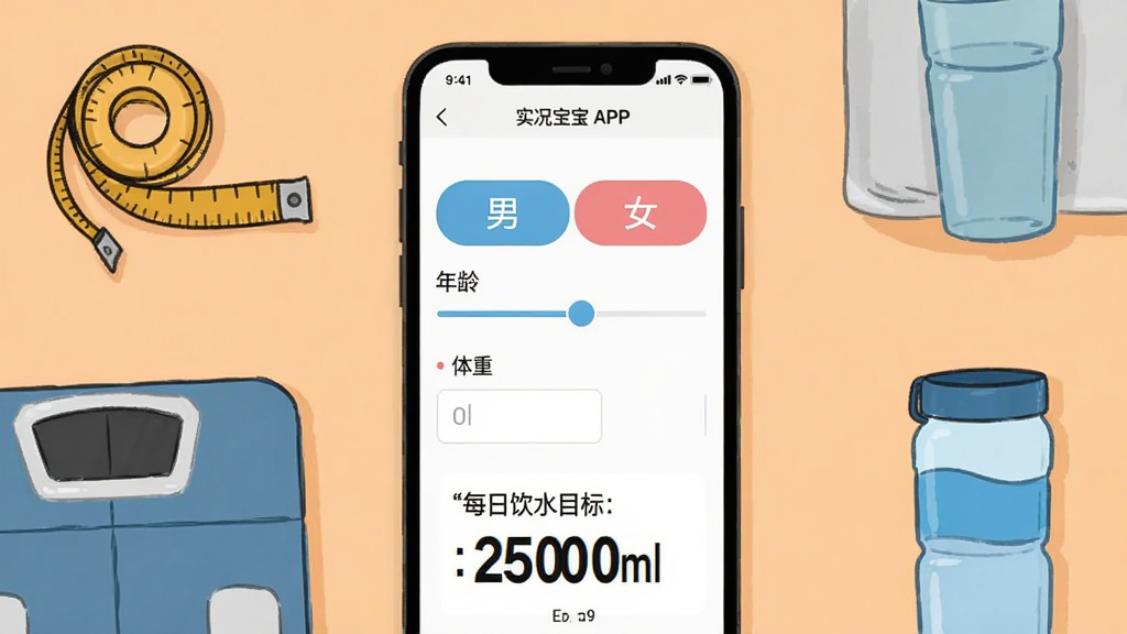 ��������Ϊʵ��������APP������ҳ�棬��Ļ����ʾ�Ա�ѡ��ť����/Ů�������们��������������·����ɡ�ÿ����ˮĿ�꣺2500ml������Ŀ���֡��ֻ���Χ�ڷ��ž��ߡ����سӡ�ˮ���Ƚ��������Ʒ������Ϊ����ɫ�����ֹ������Ű��������廭��񣬻��ʸ��壬�ɾ��޶���Ԫ��