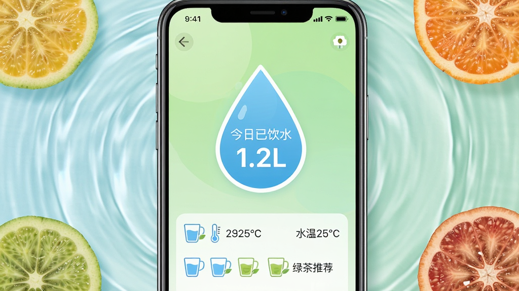 ��������Ϊʵ��������APP����ˮ��¼���棬��Ļ�м���ʾһ������ˮ��ͼ�꣬ˮ���ڱ��С���������ˮ1.2L�����·��ж��С����ͼ�����ÿ����ˮ��¼���Ա߱�ע��ˮ��25�桱���̲��Ƽ������ֻ�����Ϊǳ��ɫ���䣬���ܻ�����ˮ���ƺ�����ˮ����Ƭ�����ּ�����죬��ƽ����ƣ����ʸ��壬�ɾ��޶���Ԫ��