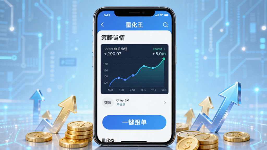 画面以“量化王”APP的策略商城页面为主体,手机屏幕上展示了一个策略详情页,包含收益曲线图和“一键跟单”按钮。手机下方散落着金币和上升的箭头图标,背景为带有科技感的浅蓝色光效。整体风格写实,布局清晰,突出策略跟单的便捷与可靠,画质干净明亮。
