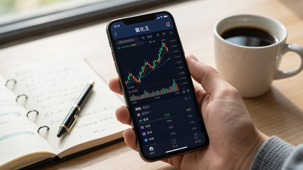 主体为“量化王”APP在手机上运行时的界面截图,界面显示K线图和策略列表。手机旁边放置着一本笔记本和一杯咖啡,整体风格为写实的生活场景,光线明亮柔和,突出移动端炒股与量化分析的便利性,画质干净清晰。