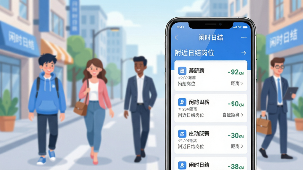 主体:一部智能手机屏幕展示“闲时日结”APP界面,界面清晰显示“附近日结岗位”列表与薪资信息,背景为模糊的城市街景,有年轻学生、宝妈、上班族等不同人群轻松走向工作岗位。布局:手机位于画面中央偏右,左侧留白,整体构图平衡,主次分明。排版:APP界面采用简洁列表式排版,岗位名称、时薪、距离等信息一目了然,顶部导航栏有“闲时日结”品牌字样。风格:现代扁平化设计,色彩明亮清新,以蓝色和白色为主色调,传递专业、可靠、积极的品牌形象。细节:手机屏幕反光自然,界面图标精致,背景人物面带微笑,画面干净无杂乱元素。画质:高清4K渲染,光影柔和,色彩真实,整体画面通透干净,无多余元素。