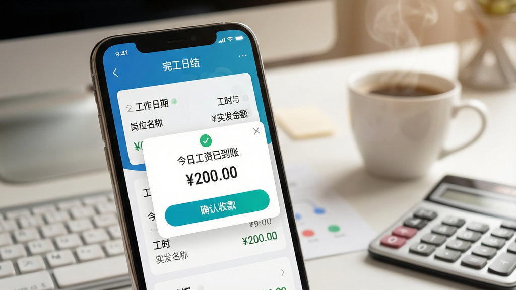 主体:一张特写照片,展示手机“闲时日结”APP的“完工日结”功能页面,页面上有“今日工资已到账”的弹窗提示,背景为一张整洁的办公桌,桌上放有咖啡杯和计算器。布局:手机居中偏左,弹窗突出显示,背景桌面虚化处理,形成深浅对比。排版:APP页面采用卡片式布局,清晰显示工作日期、岗位名称、工时与实发金额,弹窗按钮为醒目的“确认收款”。风格:写实风格,光线柔和温暖,营造一种踏实、可信的氛围。细节:手机屏幕上的金额数字“200.00”清晰可见,咖啡杯冒着微微热气,桌面干净整洁。画质:高解析度,细节丰富,画面纯净,无多余元素。