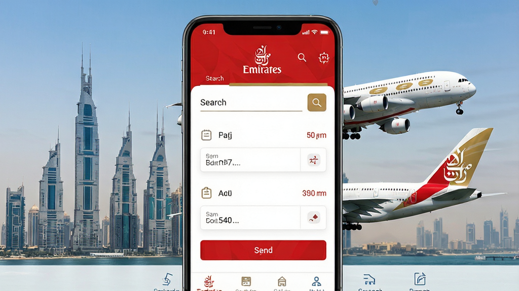 一张展示阿联酋航空Emirates应用主界面的高清截图,画面中央是搜索航班的界面,背景为迪拜城市天际线与一架A380客机,界面风格简洁现代,以阿联酋航空标志性的红色和金色为主色调,布局清晰,图标精致,画质干净,无多余元素