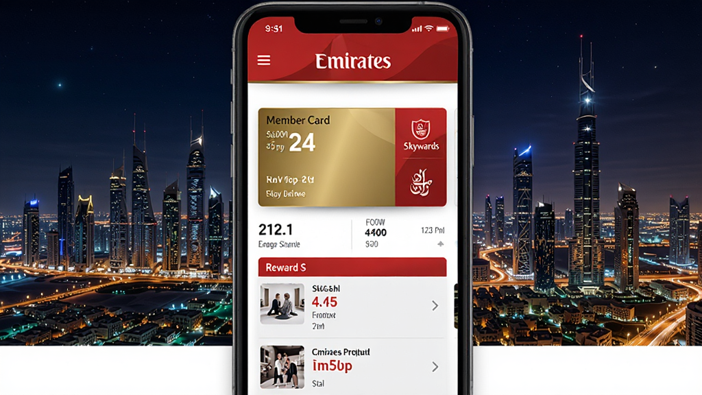 Emirates应用中的Skywards会员页面,显示会员卡等级、里程余额和奖励项目列表,背景为迪拜城市夜景,界面风格高端大气,金色与红色搭配,画质干净,无多余元素