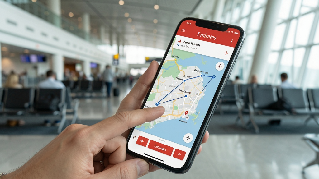 一张展示用户正在使用Emirates App规划旅行路径的手机截图,屏幕上显示地图和航班路线,背景为机场候机大厅,用户手指轻点屏幕,画面清晰,风格现代,画质干净,无多余元素