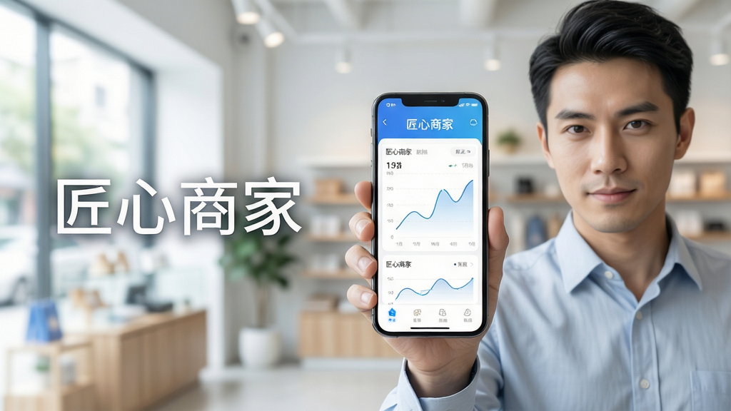 主体:一位现代商家手持智能手机,屏幕上显示“匠心商家”应用界面,背景是模糊的实体店铺环境;布局:手机居中,人物位于画面右侧,左侧留白放置文字“匠心商家”;排版:简洁明快,突出APP界面数据图表;风格:现代商务科技感,明亮通透;细节:手机屏幕上的数据曲线清晰可见,人物表情专注;画质:4K高清,干净无多余元素