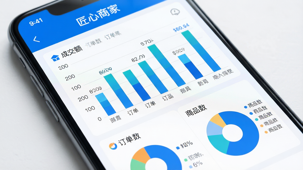 主体:一个智能手机屏幕特写,显示“匠心商家”的数据统计页面,包含柱状图和饼图;布局:手机屏幕占满画面,数据图表清晰展示;排版:数据可视化,重点突出;风格:商务简约,科技蓝与白色调;细节:图表标注成交额、订单数、商品数等维度,色彩鲜明;画质:超清,干净无多余元素