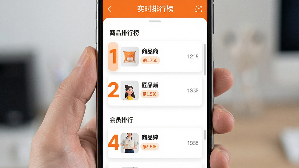 主体:手机屏幕显示“匠心商家”的排行榜页面,有商品排行和会员排行两个列表;布局:屏幕居中,列表清晰滚动;排版:列表式布局,排名数字加粗;风格:现代简洁,橙色与白色搭配;细节:每个商品或会员名称后显示销量数据,顶部有“实时排行榜”字样;画质:高清,干净无多余元素