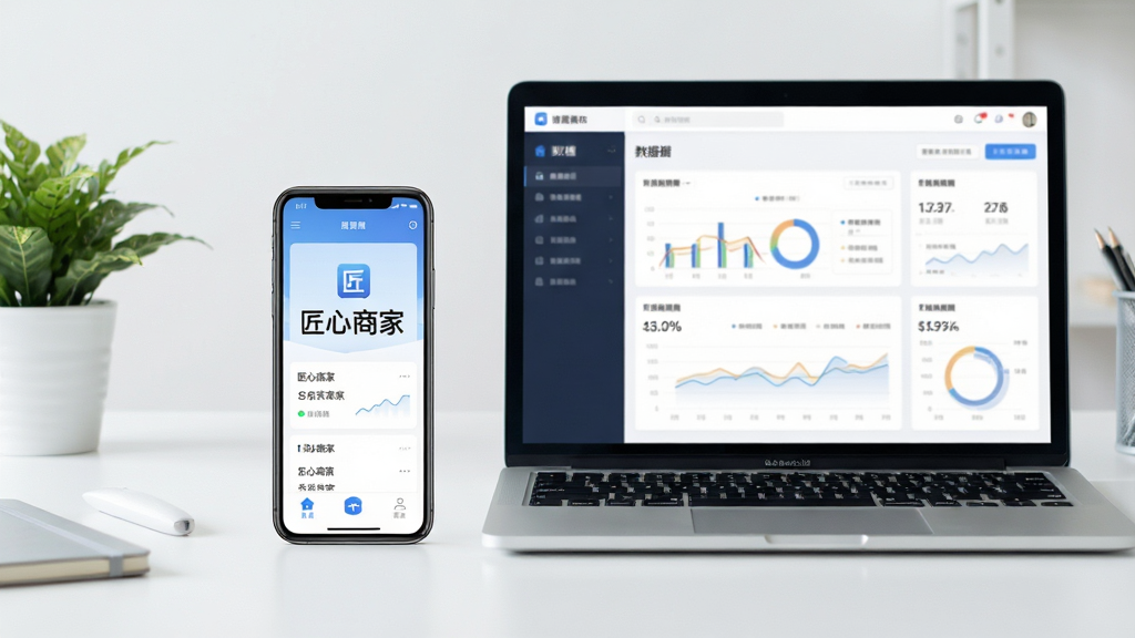 主体:一部手机和一台笔记本电脑并排放在桌面上,手机屏幕显示“匠心商家”应用,电脑屏幕同步显示数据看板;布局:设备居中,桌面整洁;排版:对比展示移动端与电脑端操作;风格:商务办公风,浅色调;细节:手机与电脑屏幕内容清晰,桌面有绿植点缀;画质:高清,干净无多余元素