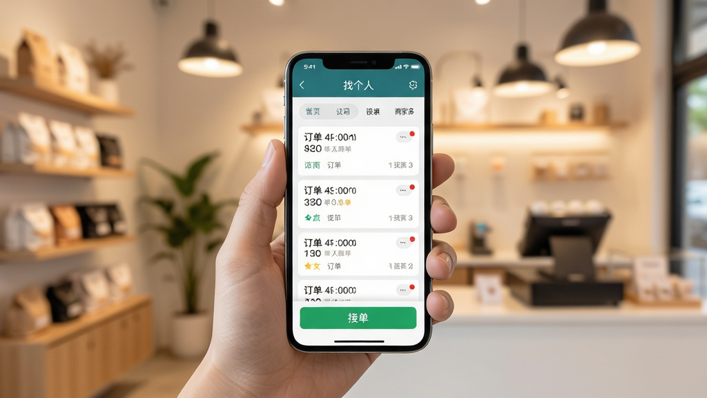 一幅展示现代商家手持智能手机使用找个人商家端应用处理订单的场景,手机屏幕清晰显示订单列表和接单按钮,背景为整洁的店铺环境,暖色调灯光,主体突出手机界面,布局以手机为中心,周围有模糊的店铺陈设,排版简洁,风格写实,细节包括屏幕上的订单信息和提示红点,画质高清,干净明亮,无多余元素