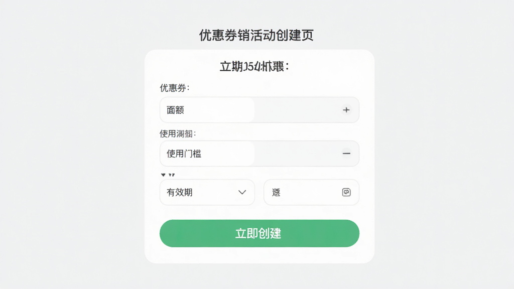 找个人商家端应用营销活动创建页面,展示优惠券编辑表单,包含面额、使用门槛、有效期等选项,背景为浅灰色,表单控件圆角设计,风格清新,细节包括“立即创建”按钮,画质干净,无多余元素