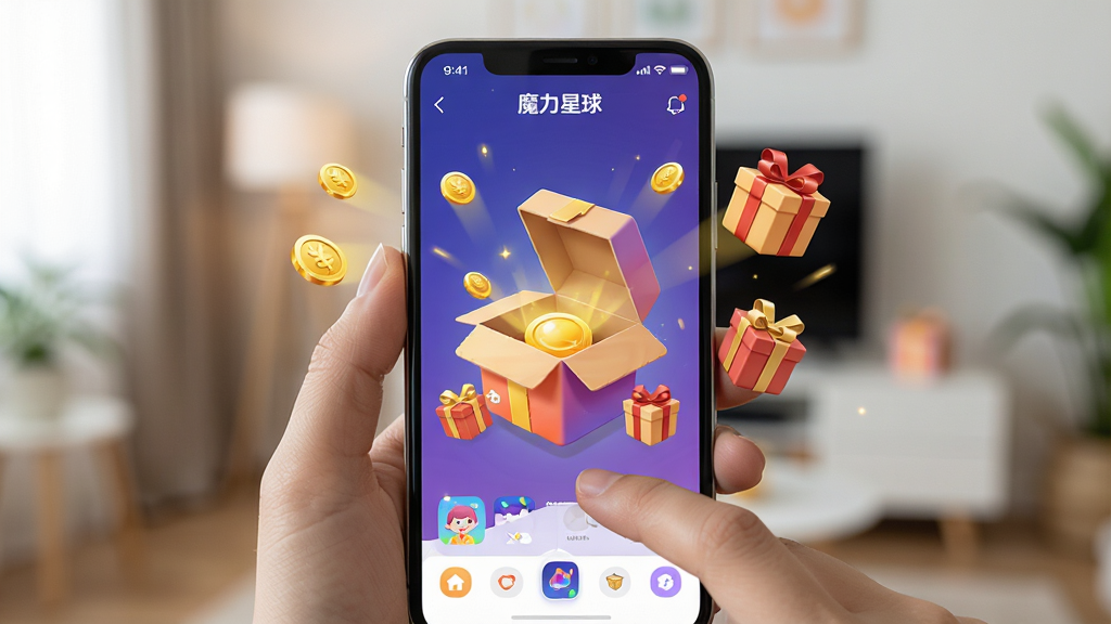 一张展示用户使用手机操作魔力星球APP的场景图,主体为一部智能手机屏幕显示开盒动画,周围有金币和礼品盒特效,背景为模糊的室内环境,布局为居中特写,风格为写实摄影风格,细节处有“魔力星球”界面元素,画质清晰明亮,干净无多余元素