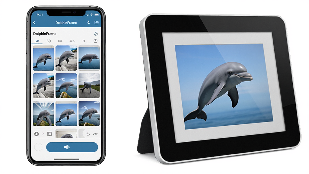 一幅展示DolphinFrame应用界面与智能电子相框互动的场景,主体为手机屏幕上的DolphinFrame管理界面与旁边一台现代简约风格的电子相框,布局为左右分屏,左边手机右边相框,排版清晰,风格写实,细节包括手机界面上的照片网格和同步按钮,画质高清,干净,无多余元素