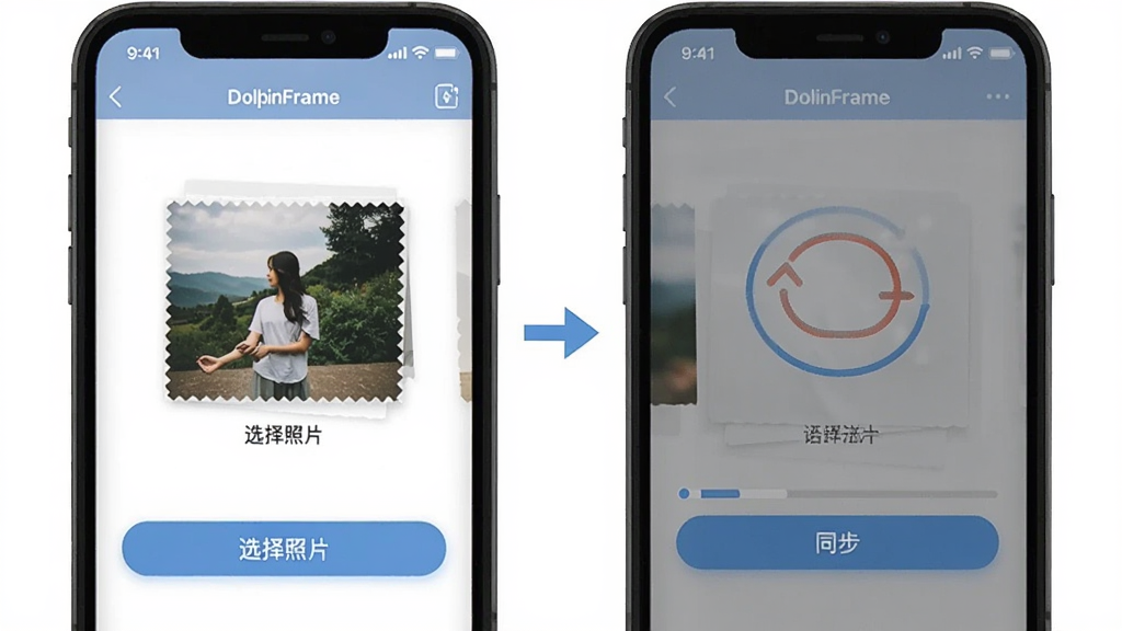 展示用户使用DolphinFrame应用同步照片的步骤示意,主体为手机屏幕上的操作界面,包含“选择照片”和“同步”按钮,布局为分步指引图,排版清晰,风格简洁,细节包括箭头指示和进度条,画质干净,无多余元素