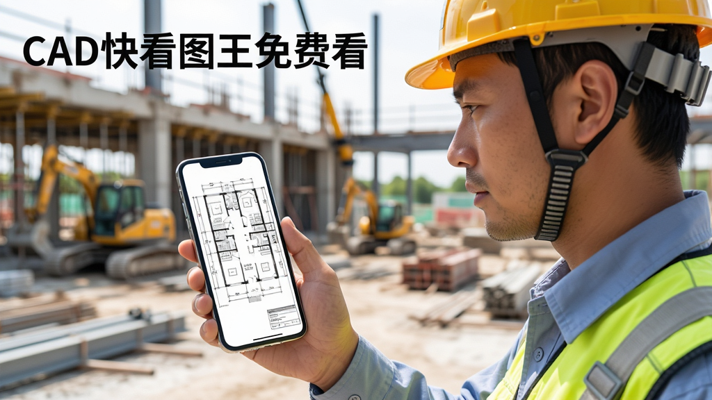 一幅展示工程技术人员在工地现场使用手机查看CAD图纸的场景,手机屏幕清晰显示建筑平面图,背景是施工现场,人物专注,画面明亮,风格写实,细节丰富,画质高清,干净无多余元素,文字标注“CAD快看图王免费看”
