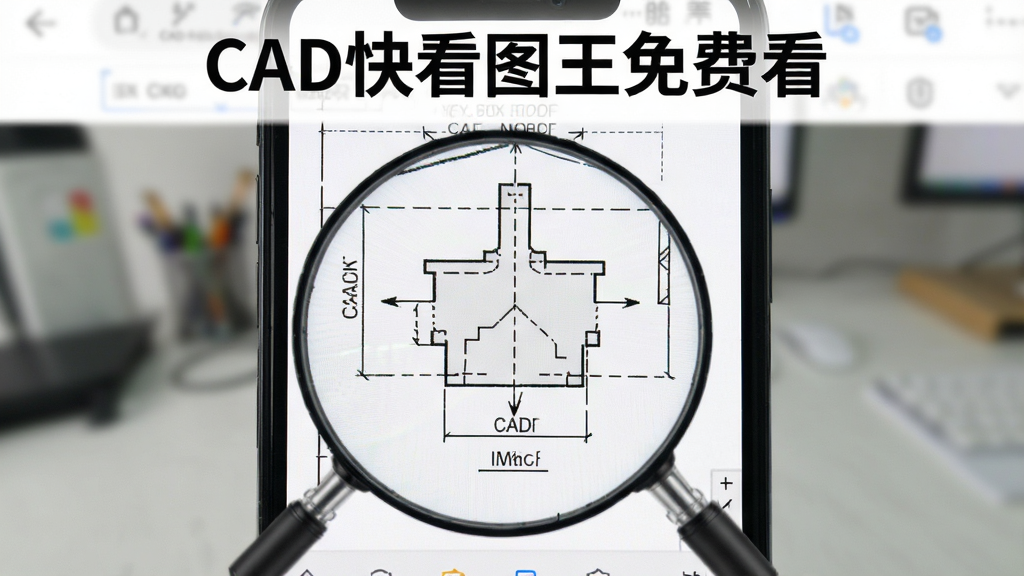 手机屏幕放大显示CAD图纸的局部细节,线条清晰,标注完整,界面简洁,背景虚化,突出图纸内容,画质锐利,干净无多余元素,屏幕上方有“CAD快看图王免费看”字样